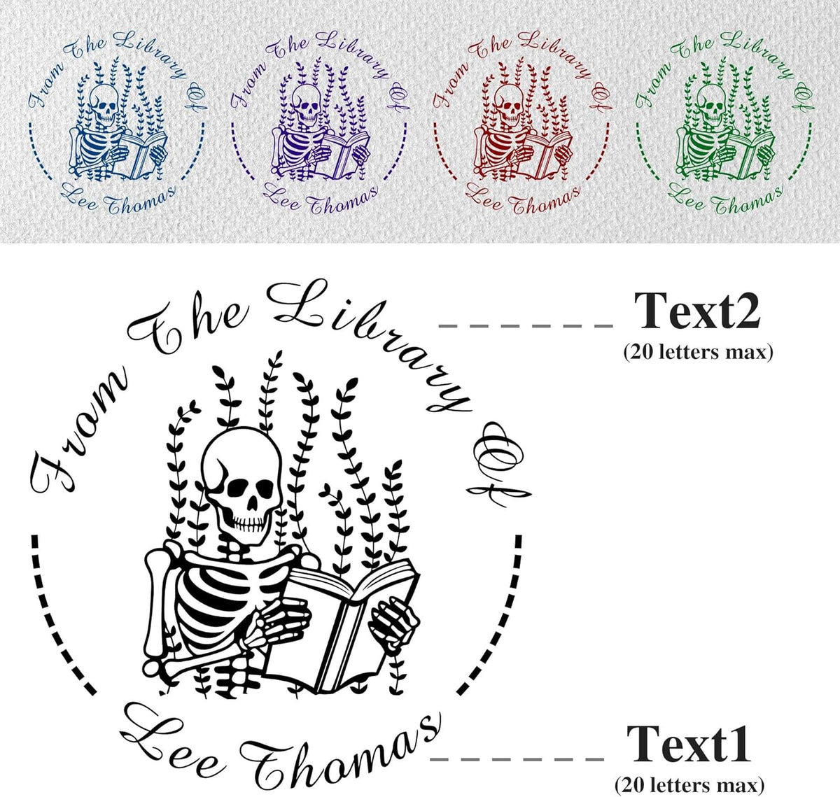 Skull Themed Library Book Embosser， Custom Book Business Card Paper Document Notebook, Self Inking Stamp，Book Lover Gifts，Christmas Gifts (Style03)