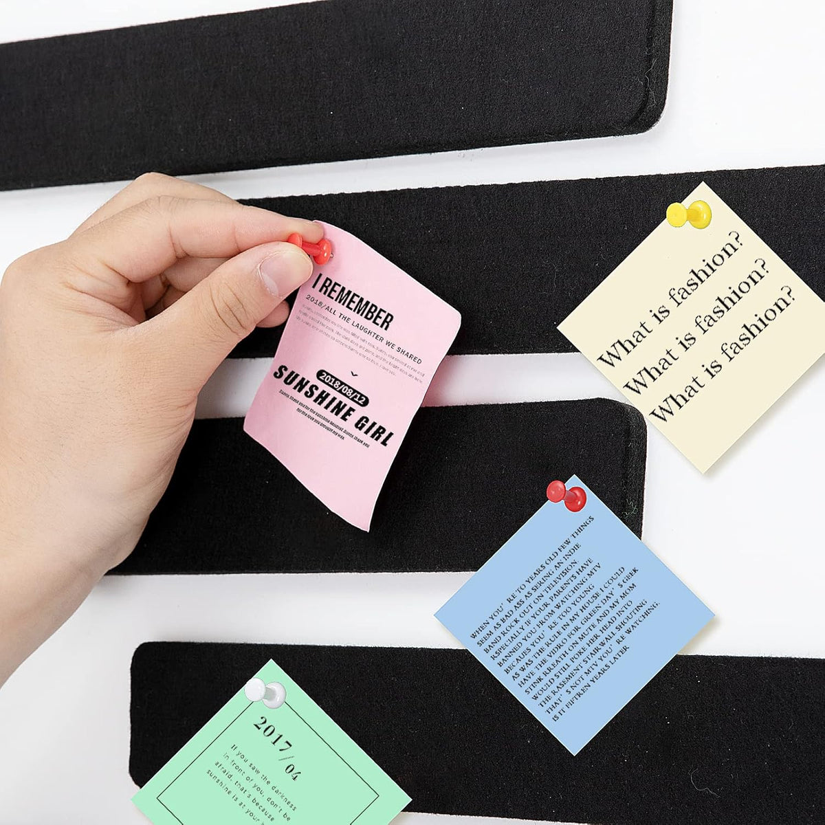5 Pack Felt Pin Board Bar Strips Bulletin Board for Bedrooms Offices Home Wall Decoration, Notice Board Self Adhesive Cork Board with 35 Push Pins for Paste Notes, Photos, Schedules (Black)