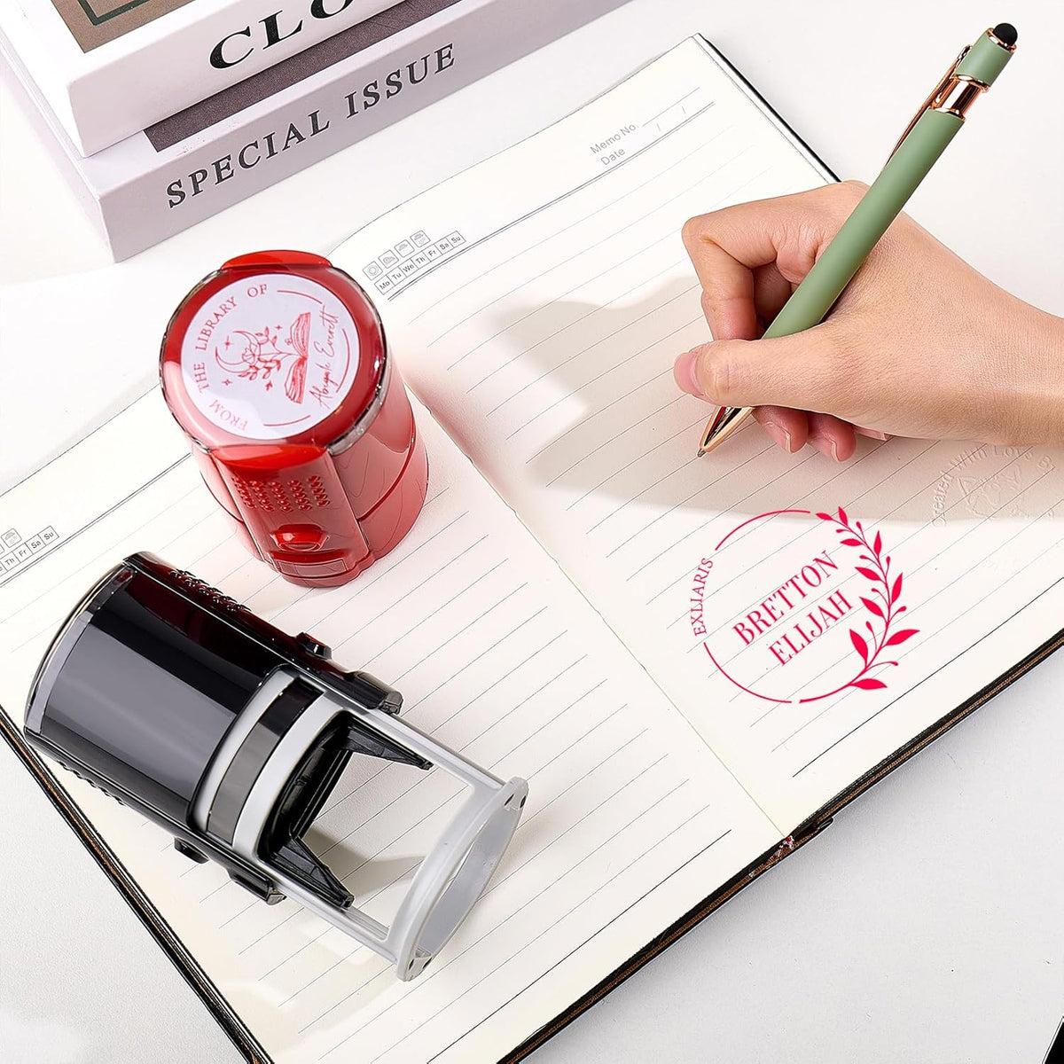 Personalized Book Embosser Stamp with Handle Set, Custom Self-Inking Library Stamp with Name & Design, Elegant Invitation Seal from Library Stamp Kit, Birthday, Book Lover Gifts （Name Sign）
