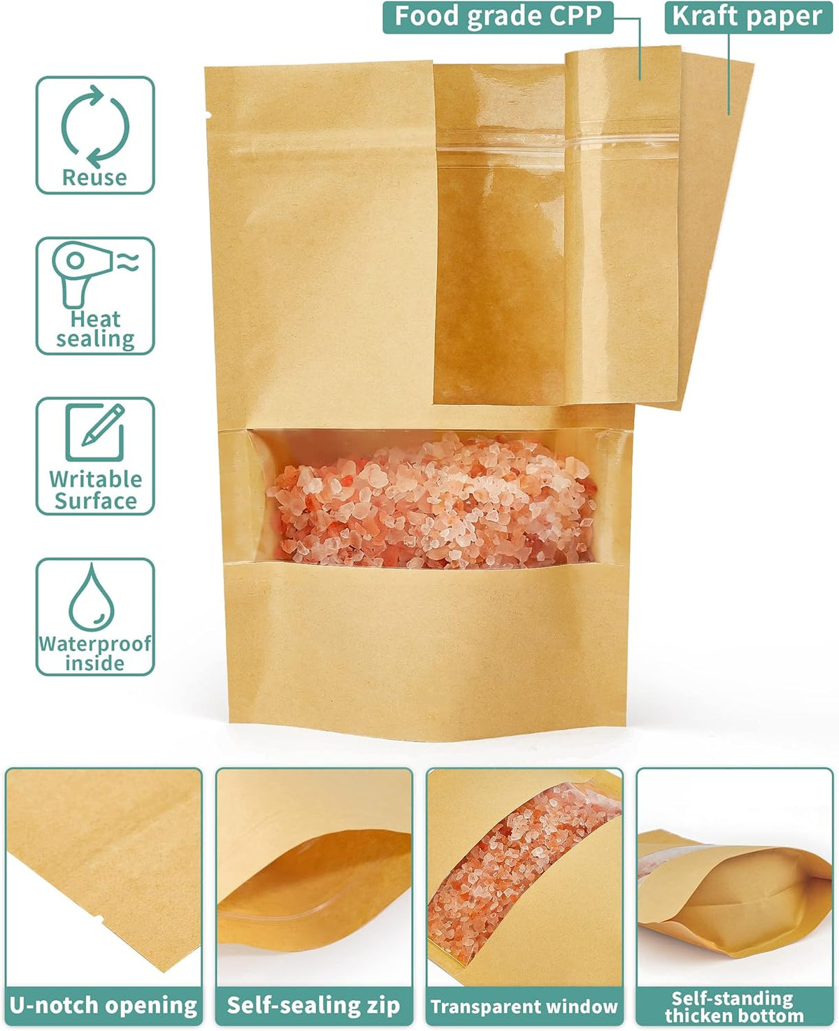 FireKylin 100 Pcs Brown Paper Bags with Window, 3.9" x 5.9" Stand Up Pouches, Zipper Food Storage Bags for Packaging Products, Reusable, Sealable