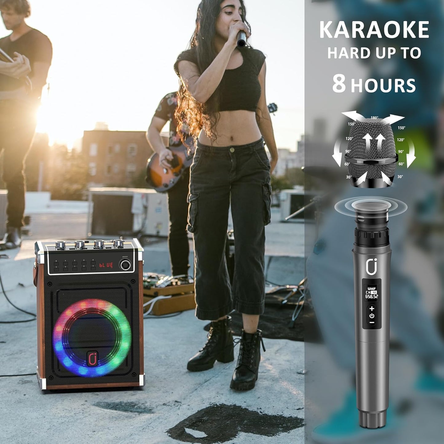 JYX Karaoke Machine with 2 UHF Wireless Microphones, Bluetooth Speaker with Bass/Treble Adjustment and LED Light, PA System Support TWS, AUX in, FM, REC, Supply for Party/Adults/Kids - Wood Grain