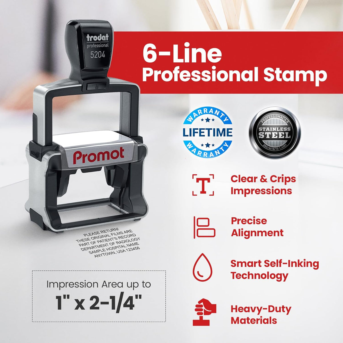 Promot Medium Professional Stainless Steel Stainless Steel Self Inking 6 Lines Custom Stamp - Personalized Office Stamp