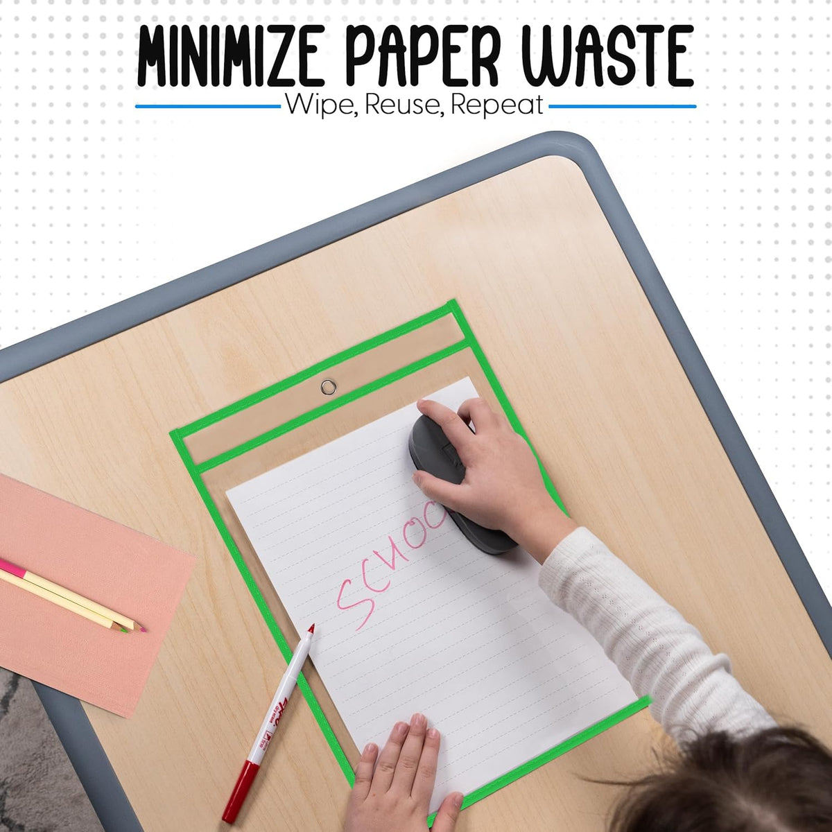 Essex Wares - 6 Pack, Neon Green, Water-Resistant Dry Erase Pocket Document Protectors, 10" Wide x 13.5" Tall - Dry Erase Clear Plastic Sleeves - Reusable & Easy Erase Plastic Invoice Holders