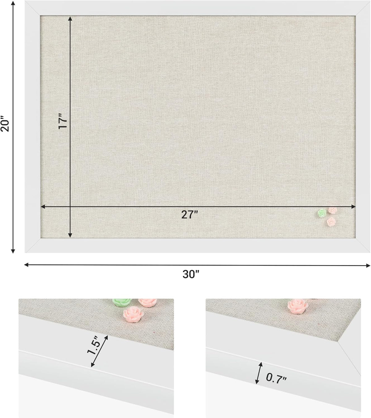 Board2by 2-Pack Farmhouse Linen Cork Bulletin Board, White Frame 30" x 20" Corkboard, Office Board for Wall Decor, Wall Mounted Pin Board Picture Board with 40 Pushpins for School, Home & Office