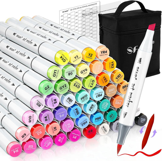 SFAIH Alcohol Markers Brush Tip & Chisel Tip - 49 Colors Double Tipped Art Markers for Adult Coloring Books Illustration, Gifts for Artist Adult - Refillable Alcohol-based Ink