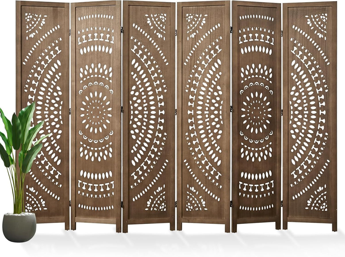 66.9Inch Folding Room Divider, 6 Panels Wood Carved Privacy Screens Free Assembled Freestanding Partition for Bedroom Home Office (Brown)