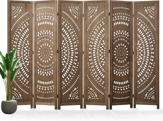 66.9Inch Folding Room Divider, 6 Panels Wood Carved Privacy Screens Free Assembled Freestanding Partition for Bedroom Home Office (Brown)