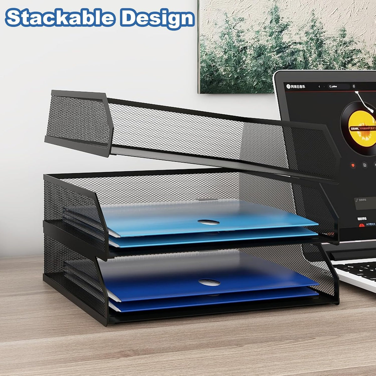 Natwind 3-Tier Stackable Paper Tray, Metal Mesh Desktop Organizer, A4 Desk Organizer, Stackable Letter Trays, File Folder Sorter Organizer with Sliding Tray for Home, Office, School (Black)