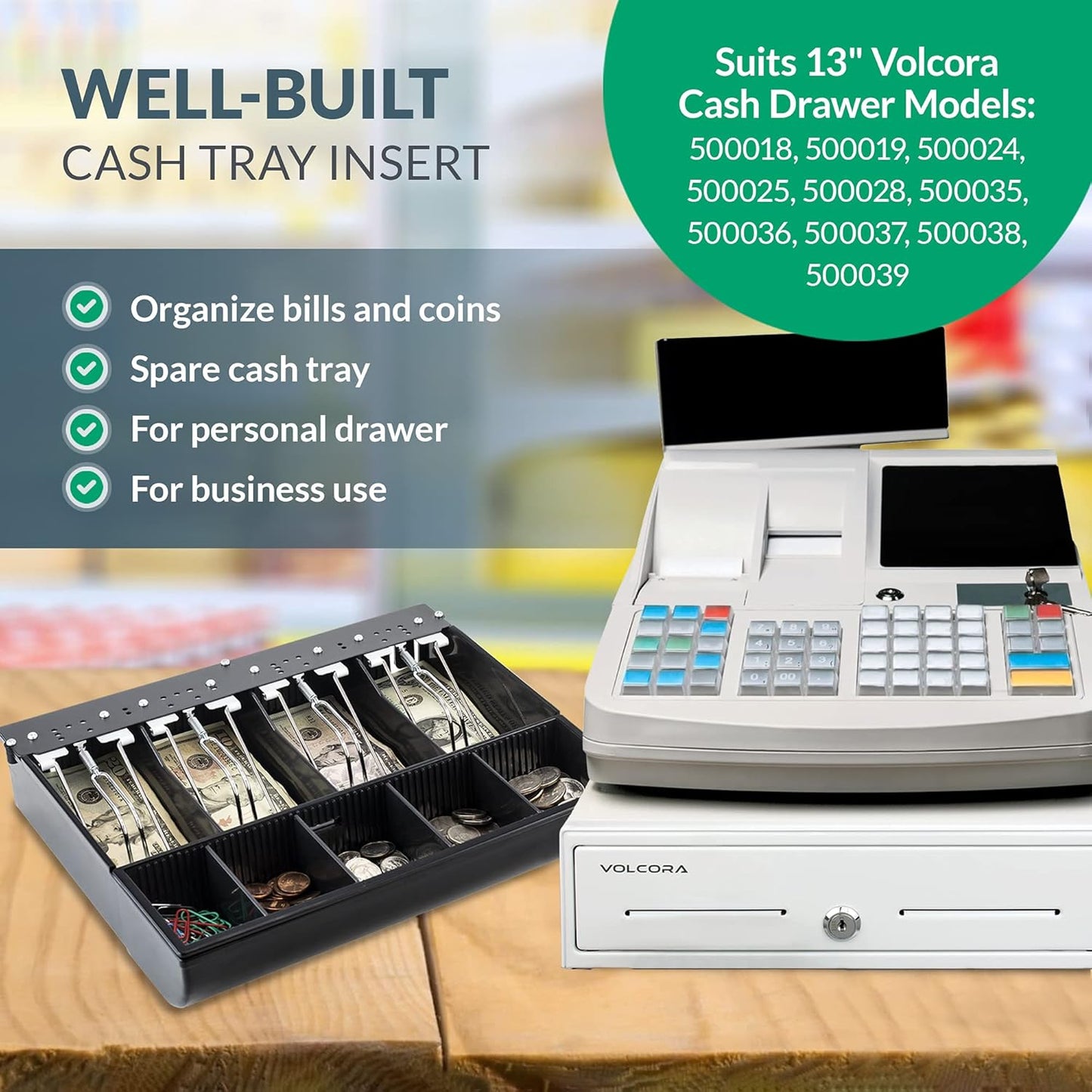 Volcora Cash Drawer Tray - 11.7 x 10.3 x 2.3 Inch Cash Register Insert - 4 Bill / 5 Coin Replacement Cash Tray 13" Fully-Removable Drawers - Stainless Steel Currency Compartment Money Storage