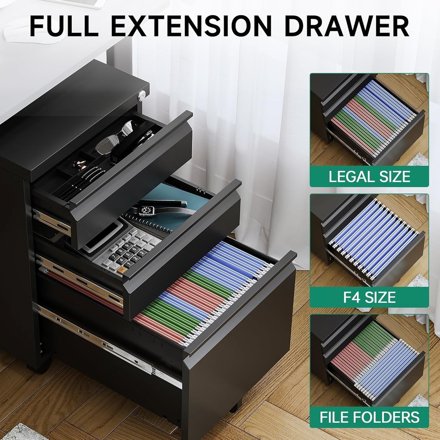 Letaya 3 Drawer Mobile File Cabinet with Lock, Under Desk Metal Rolling Filing Cabinets for Home Office Organizer Letters/Legal/A4 (Black- Requires Installation) (Black)