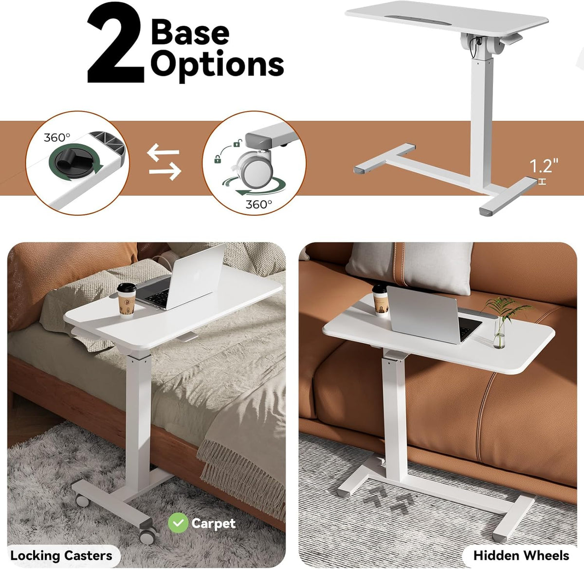 Mobile Standing Desk, Height Adjustable Left/Right Overbed Bedside Table, 90° Tiltable Portable Laptop Desk with Wheels, Foldable Computer Cart for Hospital Home Use, White