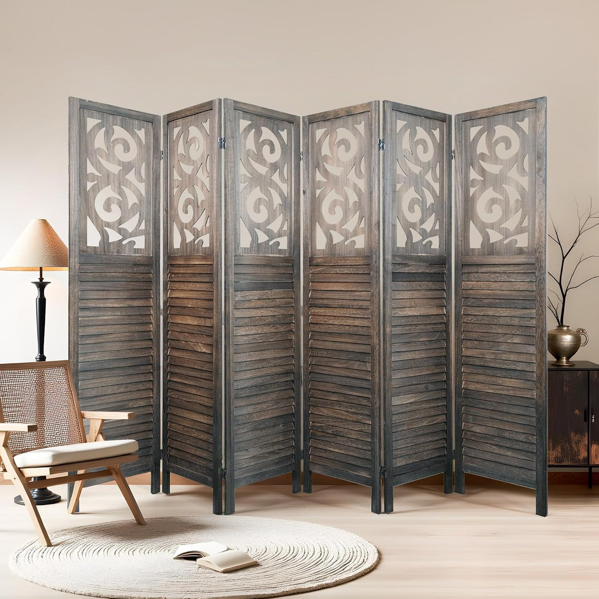 Room Divider, 5.6FT Folding Room Divider Panel, 6 Panel Craved Wood Partition Wall Divider for Room Separation, Rustic Brown