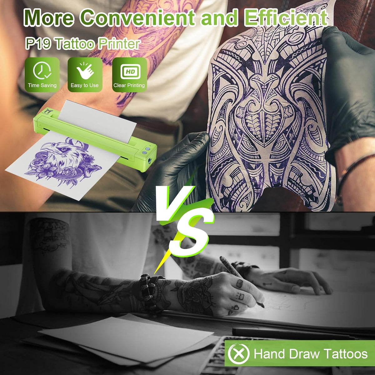 Tattoo Stencil Printer, P19 Wireless Thermal Temporary Tattoo Transfer Printer for Tattooing, 2500mAh Portable Tattoo Machine Kit Compatible with Phone/Tablet/PC, Green