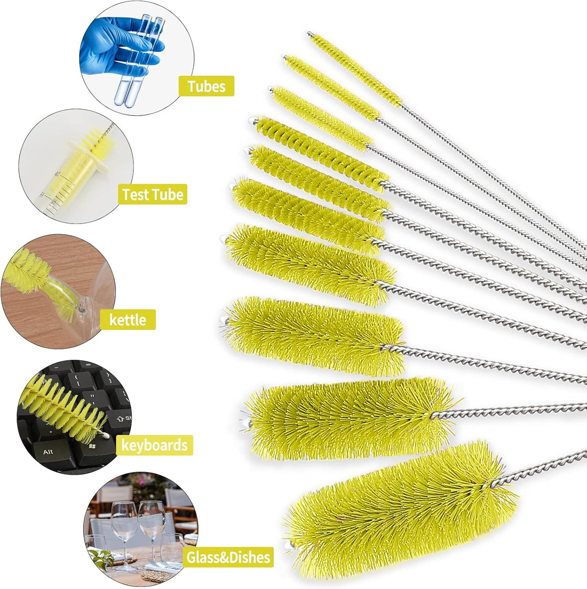 CiaraQ Bottle Cleaning Brushes, 8 Inch Nylon Tube Brush Set, Cleaner for Narrow Neck Bottles Cups with Hook, Set of 10pcs. Yellow