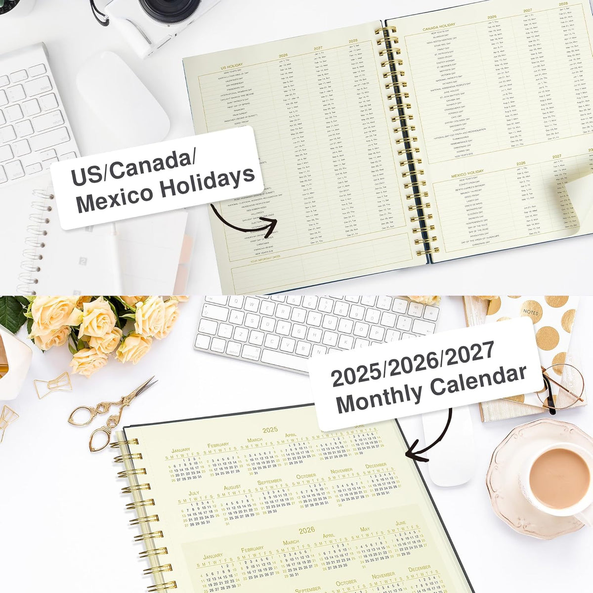 Undated Daily Planner To Do List Hourly Schedule 2027 2026 2025 Calendar & Holiday Habit Tracker 180 Pages Letter Size 8.5" x 11" Sheets Hardcover Spiral Bound Notebook (Black)