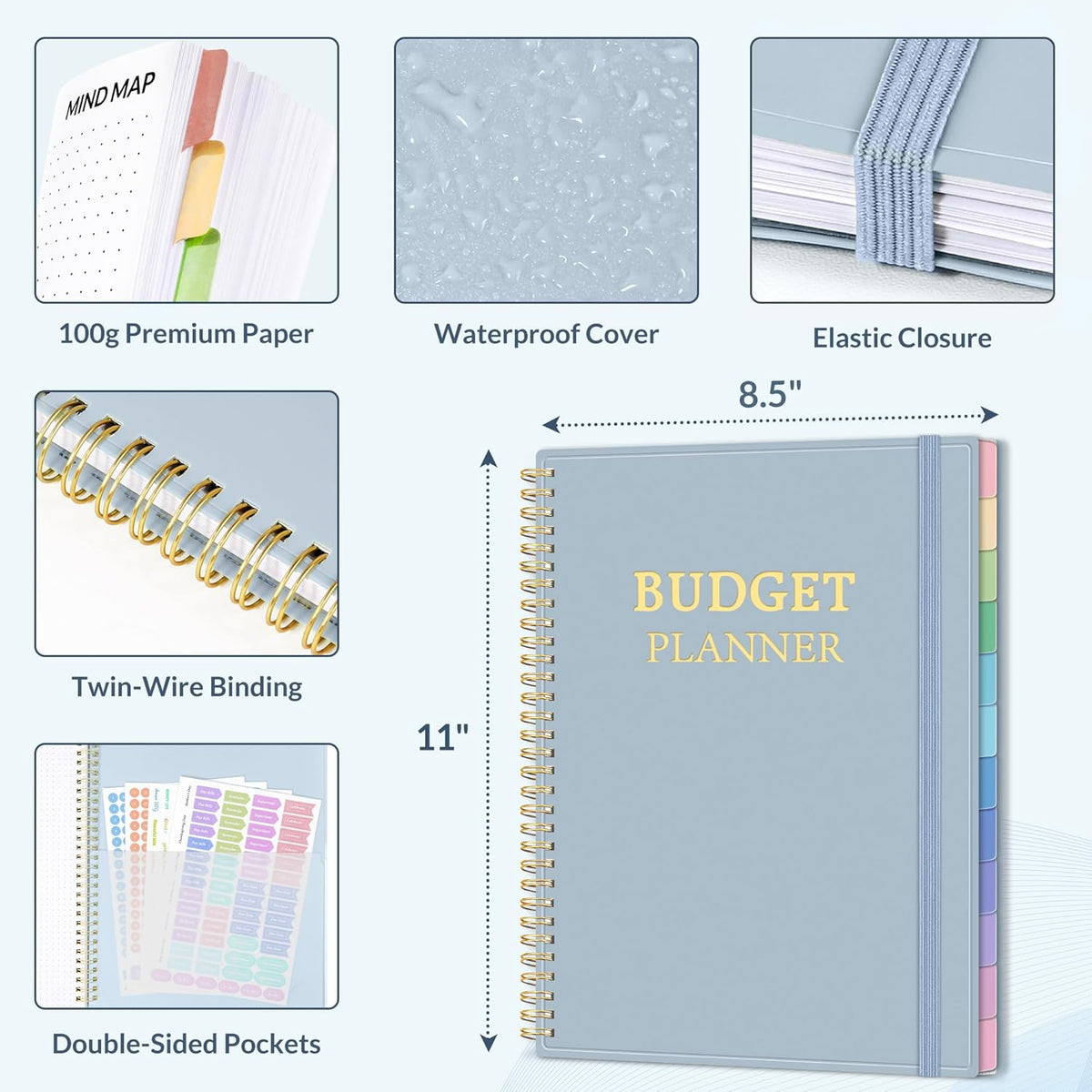 SUNEE Budget Planner - Monthly Budget Book with Expense Tracker Notebook, A4(8.5" x 11") Undated 12 Month Bill Organizer & Finance Planner to Manage Your Money, Account Book with Colorful Tab, Blue