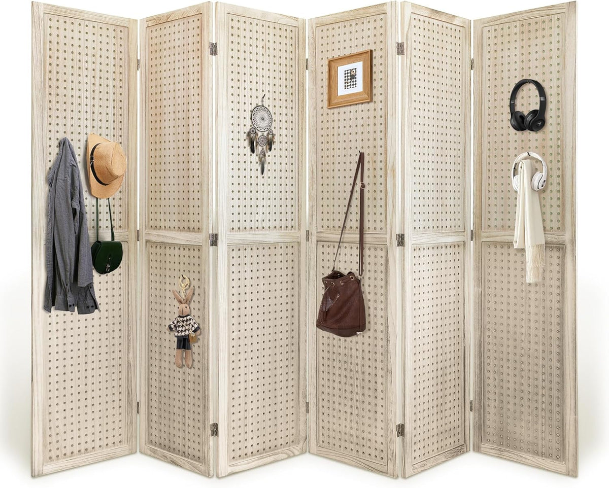 Room Divider, 5.6FT Folding Room Divider Panel, 6 Panel Pegboard Display Wood Partition Wall Divider for Room Separation& Craft Shows, Natural Wood