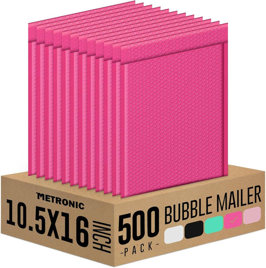 Metronic Bubble Mailers 10.5x16 500 Pack Large Pink Bubble Mailers Waterproof Thick Padded Envelopes for Packaging, Makeup, Gift, Mailing, Shipping, Small Items Supplies