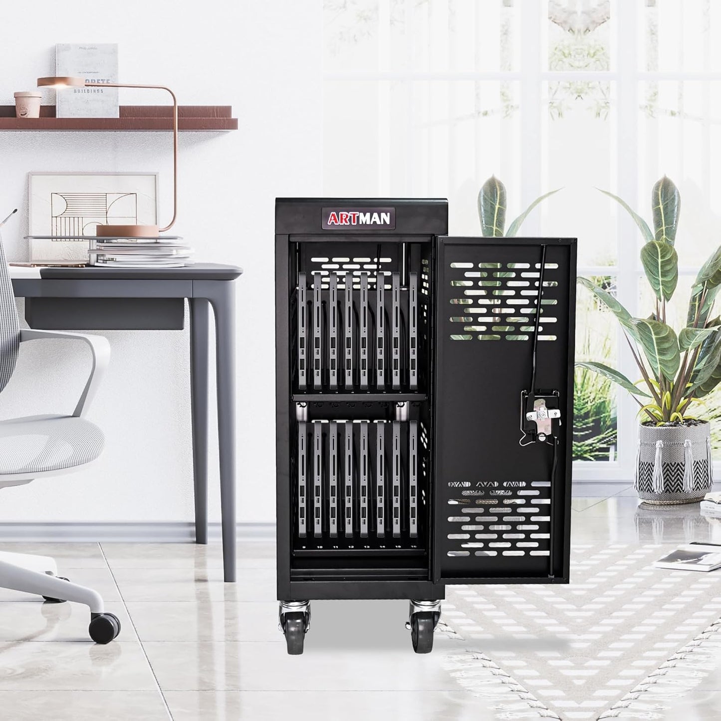 16 Device Mobile Charging Station for Laptops/Tablets/iPads/Chromebooks,16 Bay Lockable Charging Cabinet with Cable Management & Power Strip Included, Laptop & Tablet Storage Carts,Easy Assembly