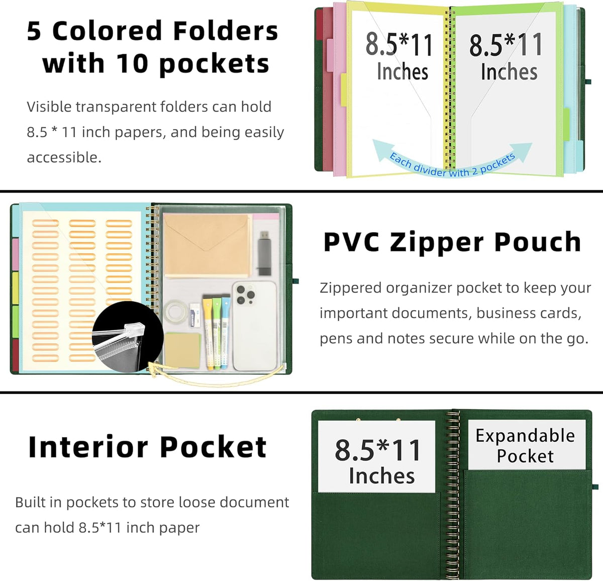 Ospelelf Foldable Spiral Clipboard Folio with Storage Zipper Pouch, 5 Plastic Folders with 10 Pockets,Refillable Lined Notepad (11" x 8.5"), Hardcover Project Organizer with 39 Stickers (Dark Green)