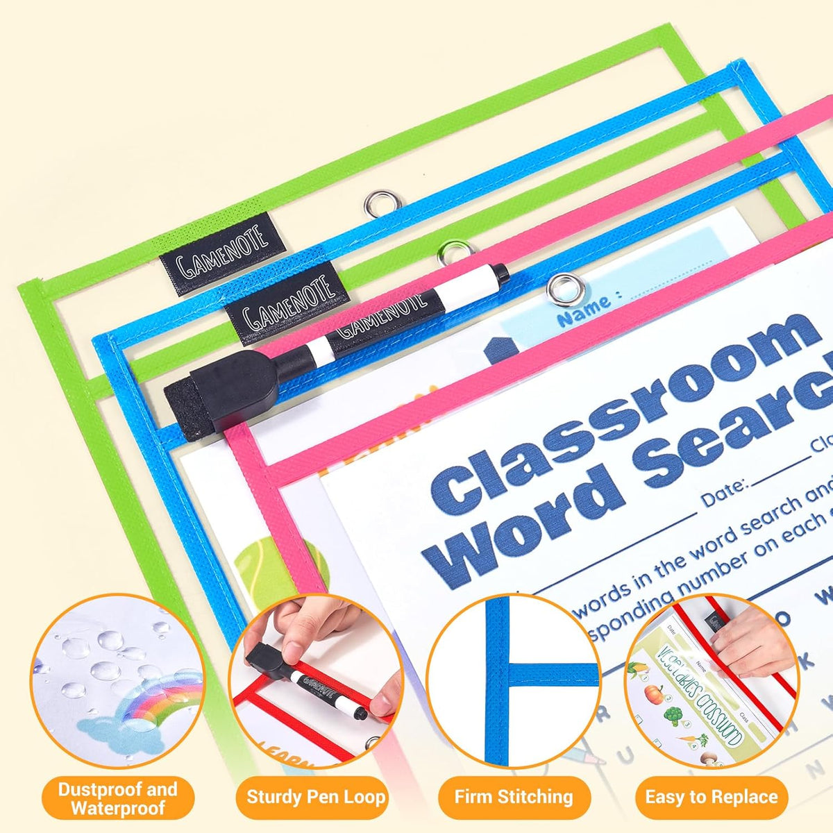 Gamenote 55 Pack Dry Erase Pockets with 5 Rings, 11 Assorted Colors 10x14 Oversized Reusable Plastic Sleeves, Clear Sheet Protectors, Teacher Supplies for Classroom Organization
