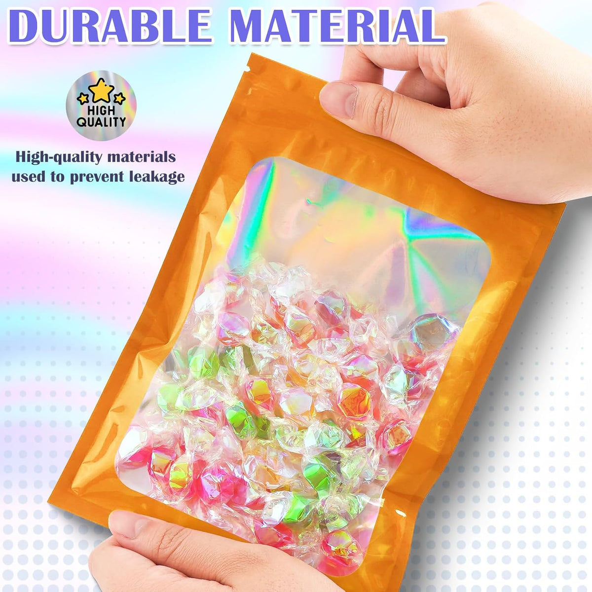 300 Pcs Mylar Bags, Smell Proof Bags Foil Pouch, Holographic Resealable Bags for Small Business, Candy Sample Jewelry Bag Sealable Packaging for Party Favor Food Storage (2.4x3.9in-Orange)