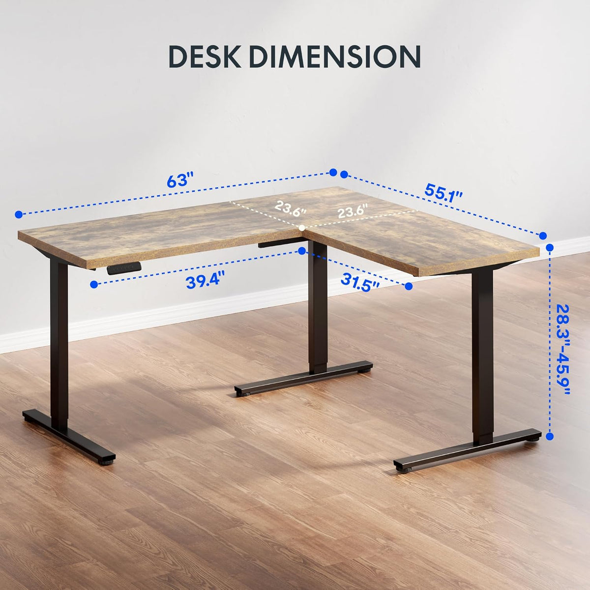 FLEXISPOT L Shaped Standing Desk, 63 x 55 Inch Electric Height Adjustable Corner Desk, Sit Stand Computer Workstation, Preset Controller, Home Office, Black Frame with Rustic Brown Top, Black Drawer