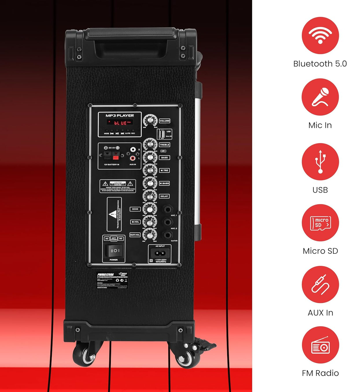 Pyle 12'' Portable Wireless Bluetooth Speaker System - Built-in Rechargeable Battery, Wireless Microphone, USB/Micro SD/FM - 80 Watt - FM Radio with Digital LED Display, PWMA1299A