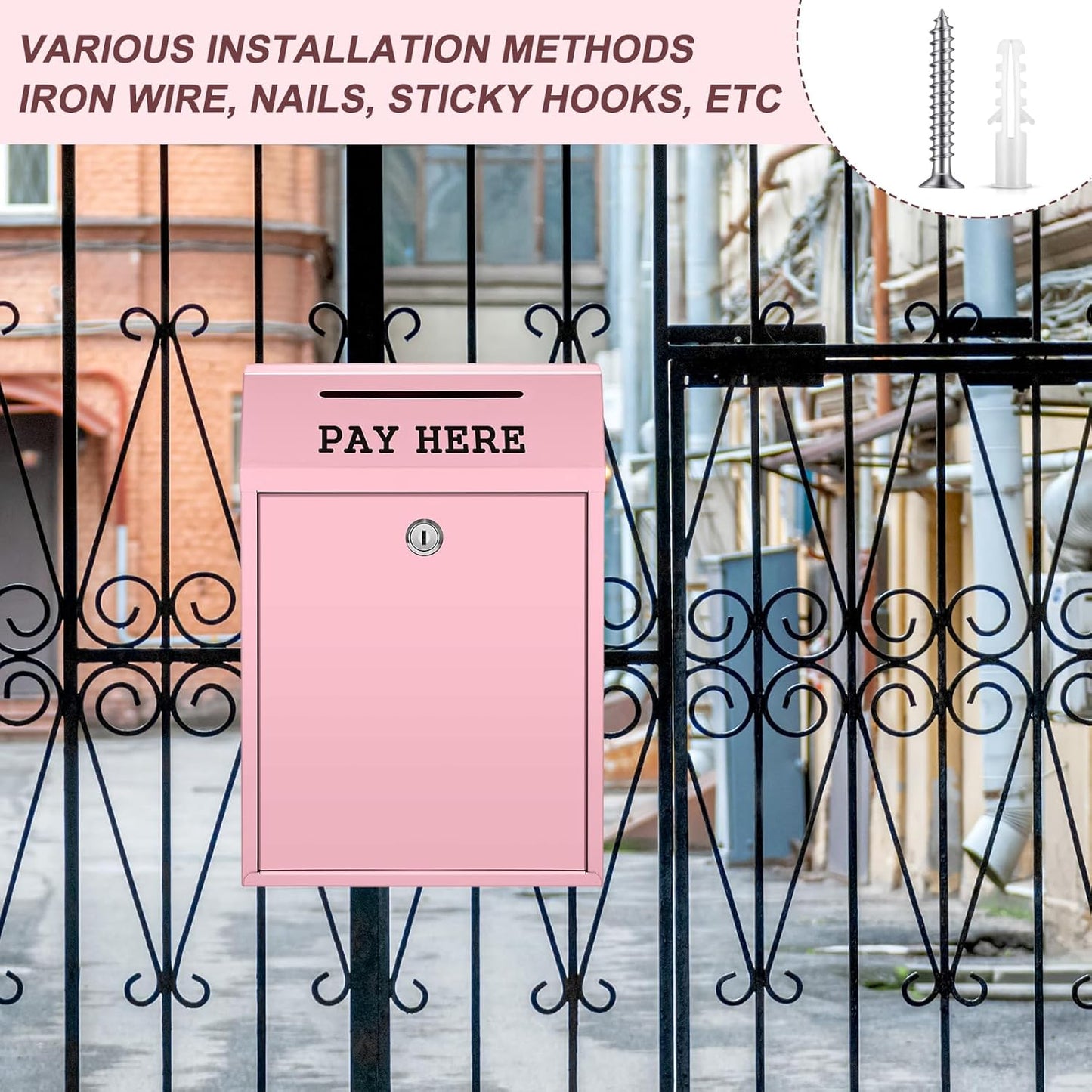 Safe Cash Box Money Collection Metal Donation Box with Lock Wall Mount Pre Drilled Mailbox Delivery Ballot for Home Office Outdoor Self Serve Stand(Pink,11.8 x 8.6 x 4.7 Inch)