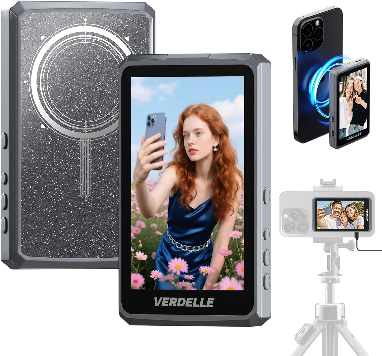 Vlog Selfie Monitor Screen, Magnetic Phone Selfie Screen 4K/1080p 60fps Bluetooth Remote, Back Camera Monitor Built-in Speaker for Vlog Live Stream TikTok (Grey)