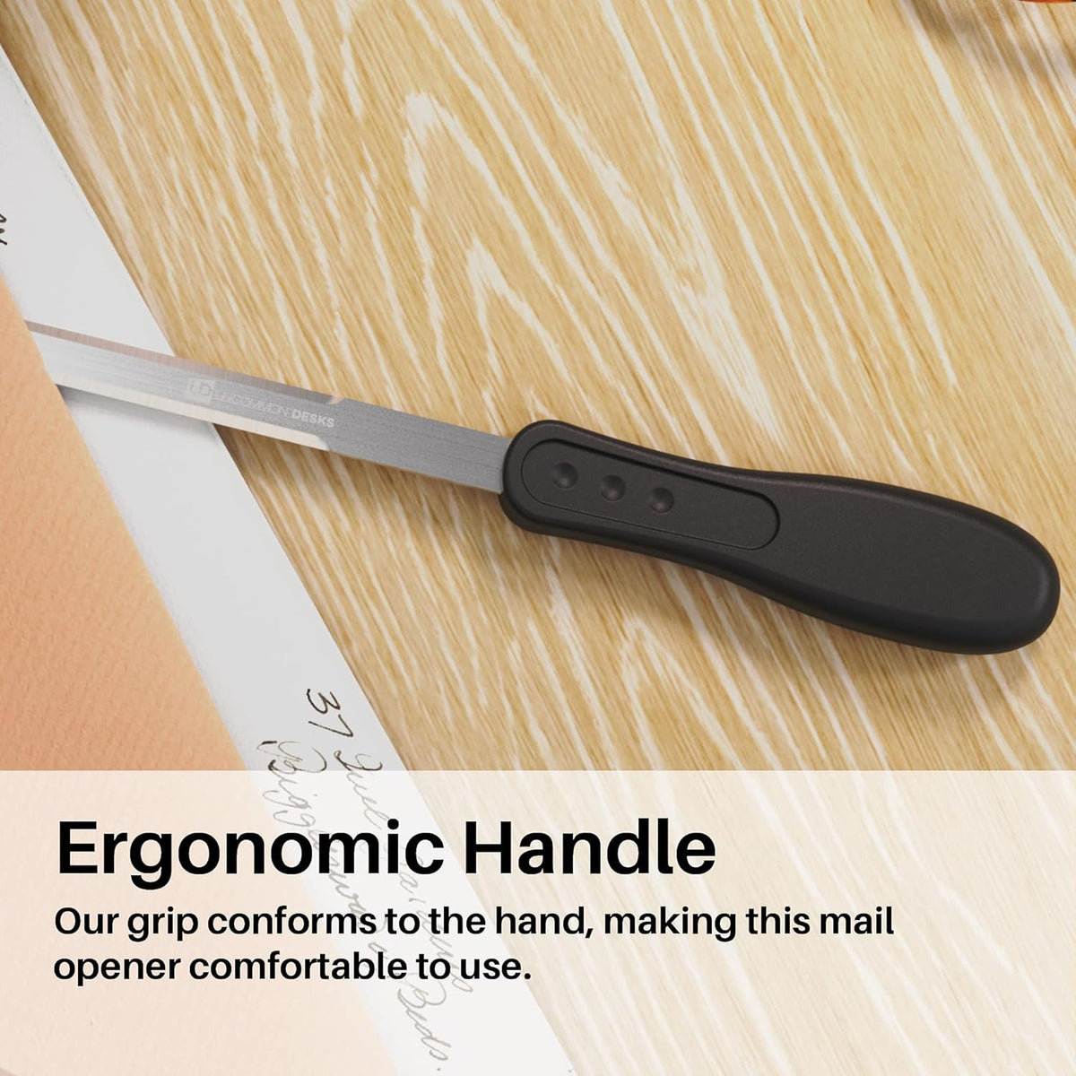 Uncommon Desks Office Letter Opener - Stainless Steel Knife-Edge Blade, Ergonomic Grip Handle (Black, 3 Pieces)