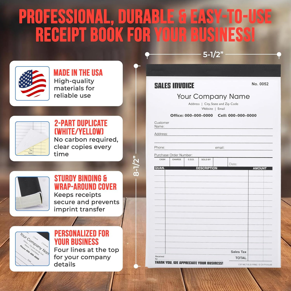 Custom Sales Invoice Personalized Duplicate Carbonless Form with Your Company Name - 2 Books (100 Sets) Numbered