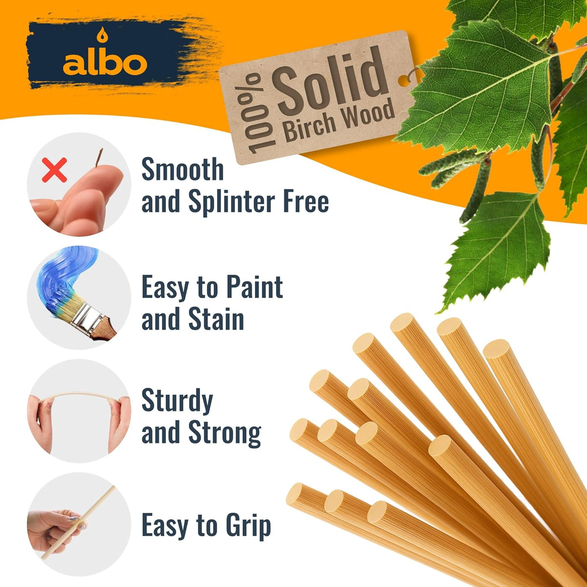ALBO Wooden Dowel Rods 25 PCS 3/8" x 12" Inch Round Wood Sticks for Crafts, DIY Projects and Macrame Hardwood Assorted Bouquet Sticks Cake Dowels for Tiered Cakes