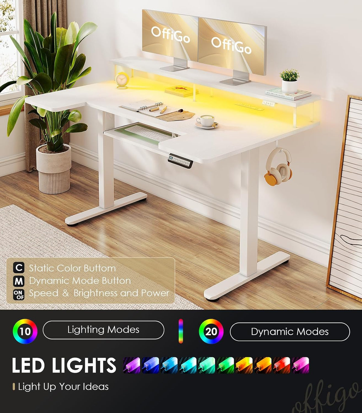 OffiGo U Shaped Electric Standing Desk with Keyboard Tray, 55 Inch Height Adjustable Desk with Power Outlets & LED Lights, Sit Stand Table with Monitor Stand for Home, Office, White