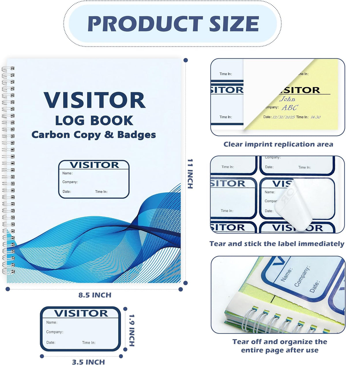3 Pack of 450 Visitor Log Book Visitor Badges Registry Log with Carbon Copy Visitor Stickers Letter Size Extras Protecting Privacy Pages Spiral Bound Self Visitor Badges Guest Register Book (3)