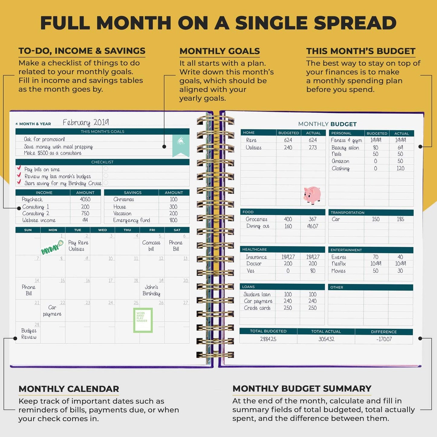 Clever Fox Budget Planner & Monthly Bill Organizer with Pockets. Expense Tracker, Budgeting Journal & Financial Book. Large, 8x9.5" (Purple)