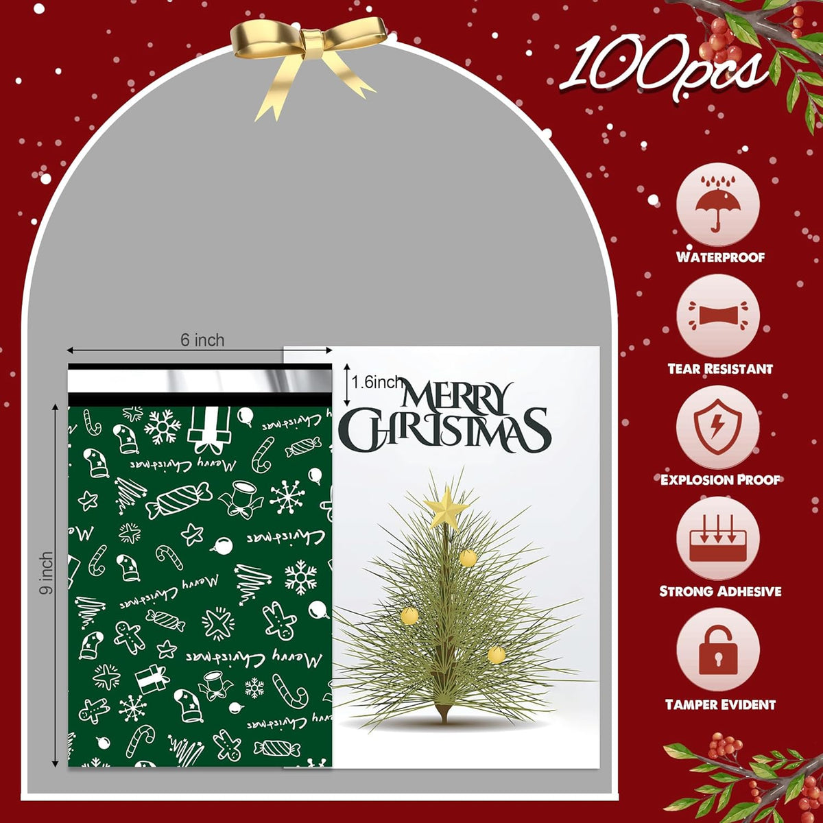 Christmas Poly Mailer - 6x9 Inch, 100 Pcs Waterproof Tear-Resistant Mailer Bags with Self-Seal - Green Merry Christmas