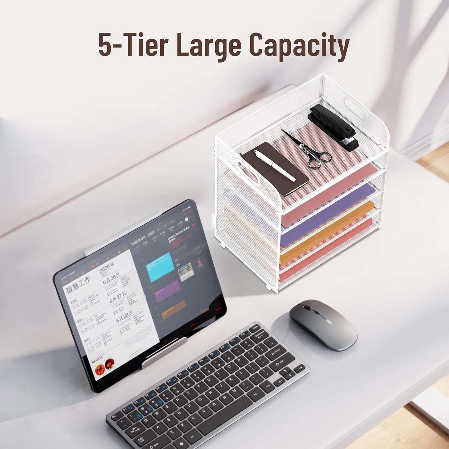 2 Pack 5-Tier White Desk Organizer with Handle Mesh Desk File/Paper Organizer Letter Tray for Office, School and Home Easy Installation