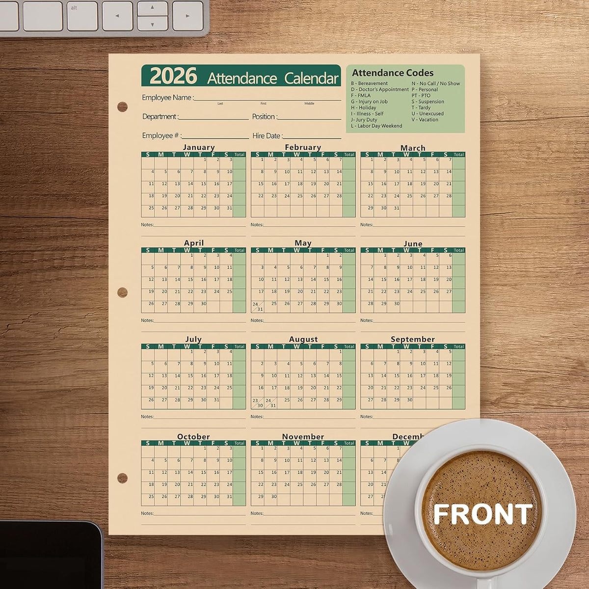 2026 Attendance Calendar Employee Work Tracker Attendance Calendar Cards - 8.5 X 11 Inches Durable and Thick Cardstock/25 Sheets per Pack (Green)