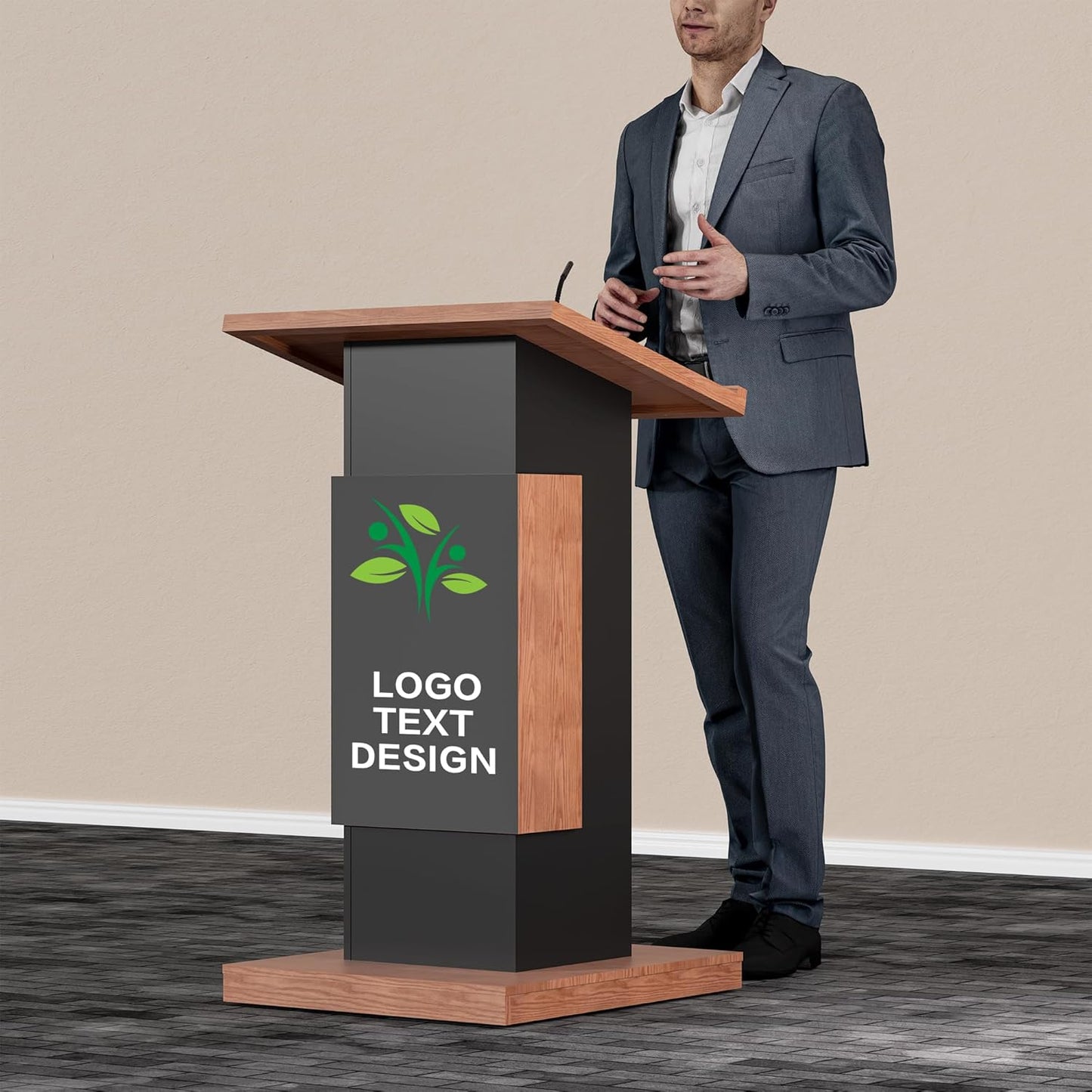 Customizable Logo & Text Podium Stand,Wood Lectern with Lockable Wheels,Church Pulpit with Storage,Mic Stand Space,Wooden Podium for Churches,Seminars and Schools (black)