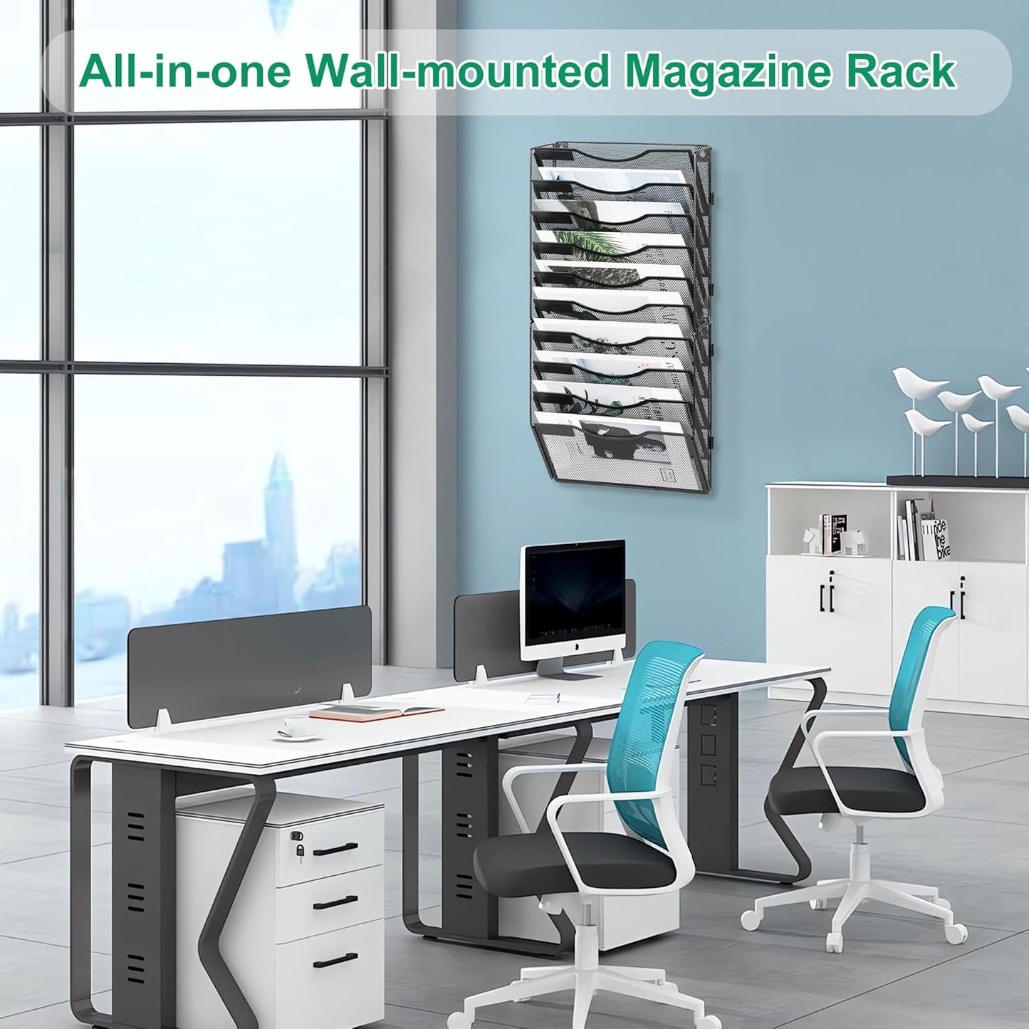 10-Pocket Wall File Organizer, Hanging Mail Organizer Wall Mounted Paper Document Holder, Metal Clipboard Storage Basket for Office Home School Organization, Black