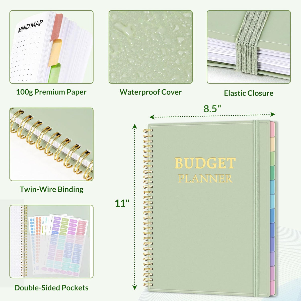 SUNEE Budget Planner - Monthly Budget Book with Expense Tracker Notebook, A4(8.5" x 11") Undated 12 Month Bill Organizer & Finance Planner to Manage Your Money, Account Book with Colorful Tab, Green