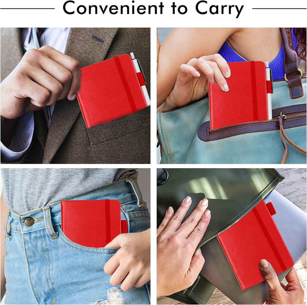 feela 3 Pack Pocket Notebook Journals with 3 Black Pens, A6 Mini Cute Small Journal Notebook Bulk Hardcover College Ruled Notepad with Pen Holder for Office School Supplies, 3.5”x 5.5”, Red