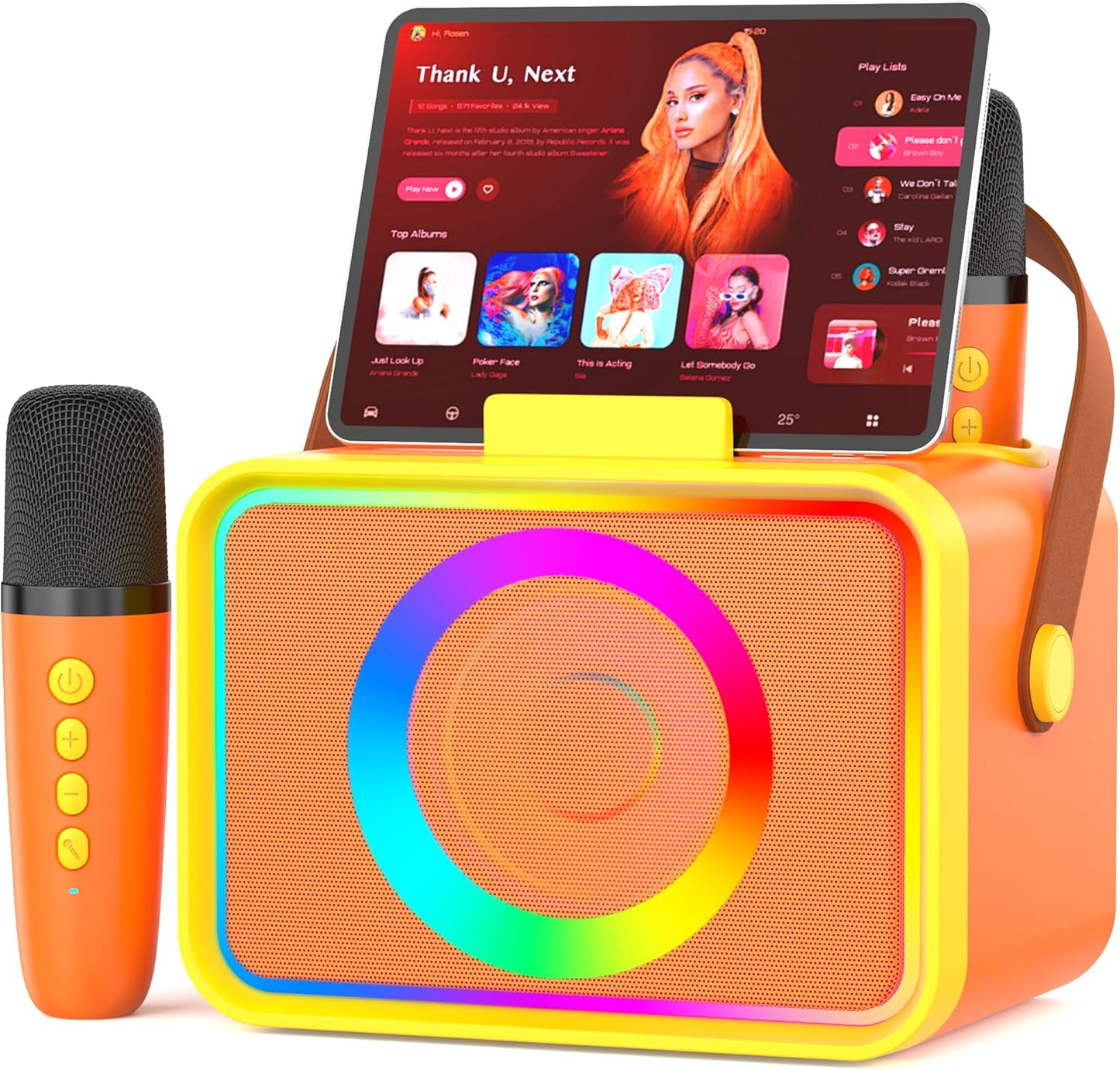 Karaoke Machine,Portable Bluetooth Speaker with 2 Wireless Microphone for Adults & Kids with LED Lights, Karaoke Microphone with PA System Supports USB/TF/AUX,Gift for Party (Orange Yellow)