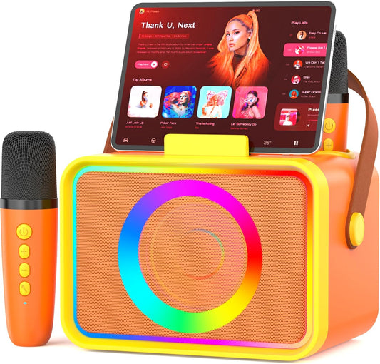 Karaoke Machine,Portable Bluetooth Speaker with 2 Wireless Microphone for Adults & Kids with LED Lights, Karaoke Microphone with PA System Supports USB/TF/AUX,Gift for Party (Orange Yellow)