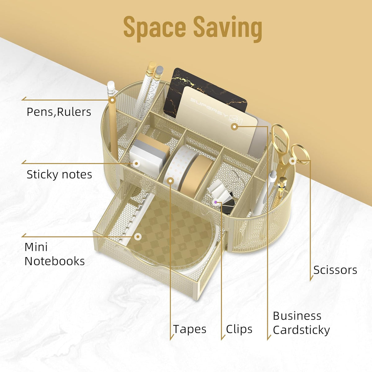 SUPEASY Mesh Desk Organizer, Desk Accessories & Workspace Organizers with Drawers, Pencil Holder for Desk with 9 Compartments for Office Suppliess, 8.6 x 4.3 x 4.1 Inch, Yellow