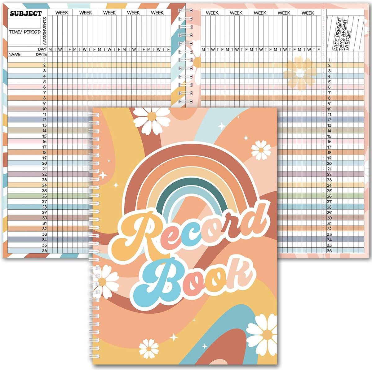 Teacher Record Book Teacher Grade Books 2025-2026 Spiral Bound Record Class Grade Book Office Favors Gift for Classroom Attendance Supplies Decoration Double Sided(Retro Groovy)