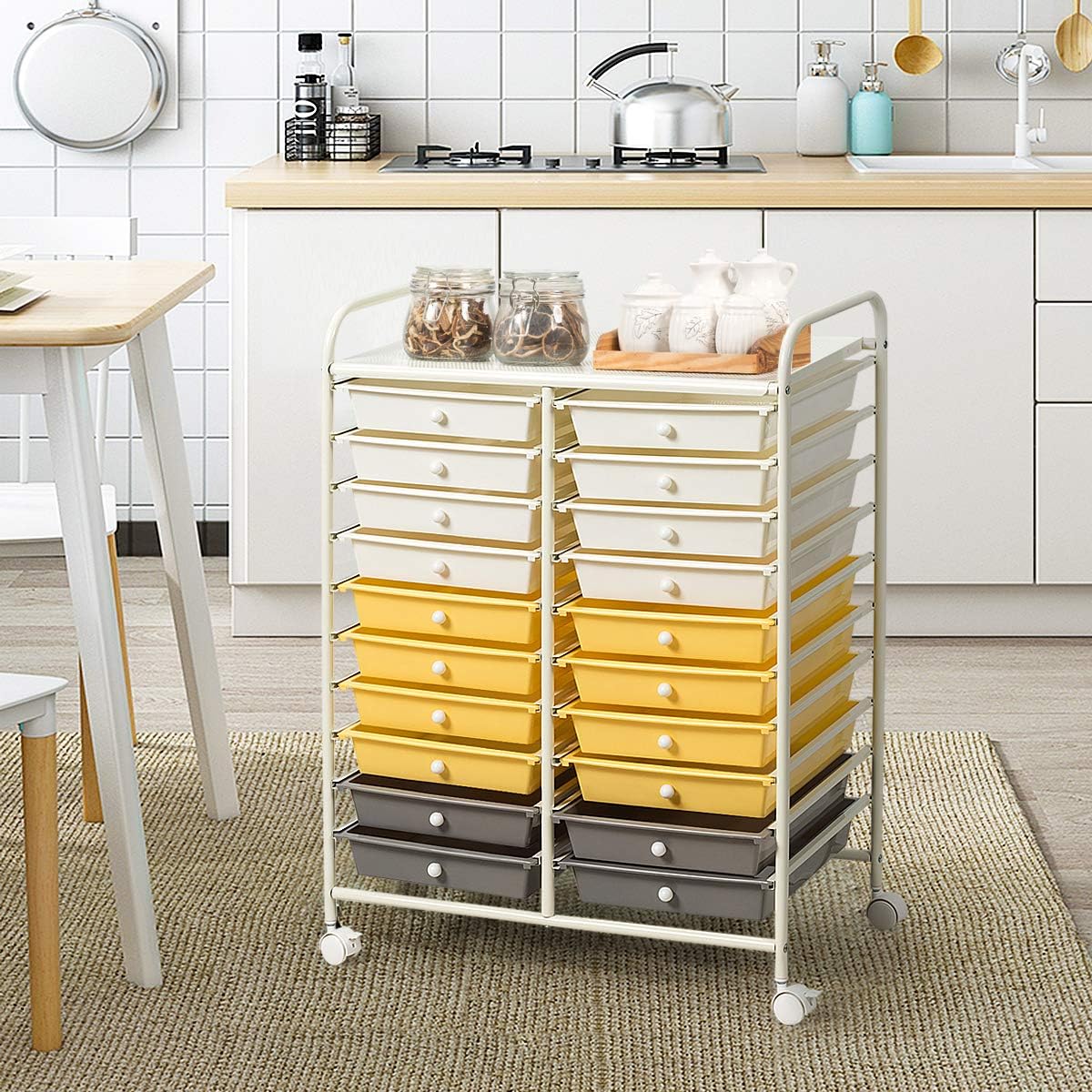 Giantex 20 Drawer Rolling Storage Cart Tools Scrapbook Paper Office School Organizer (25 x 15 x 35 Inch, Yellow)