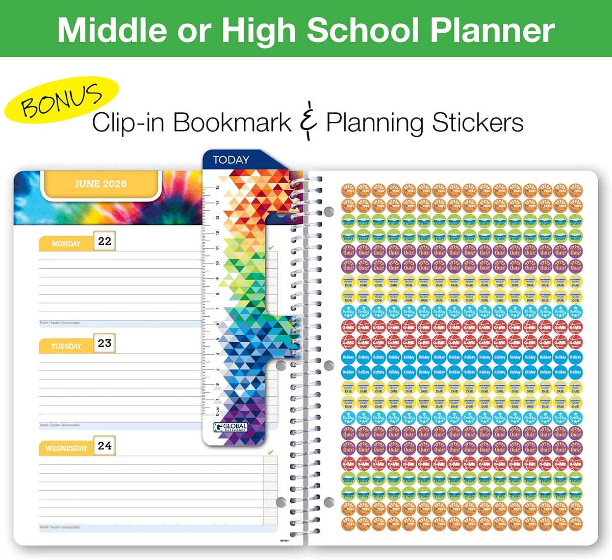 Global Datebooks Dated Middle School or High School Student Planner for Academic Year 2025-2026 Includes Ruler/Bookmark and Planning Stickers (Block Style - 8.5"x11" - Kraft Doodles)