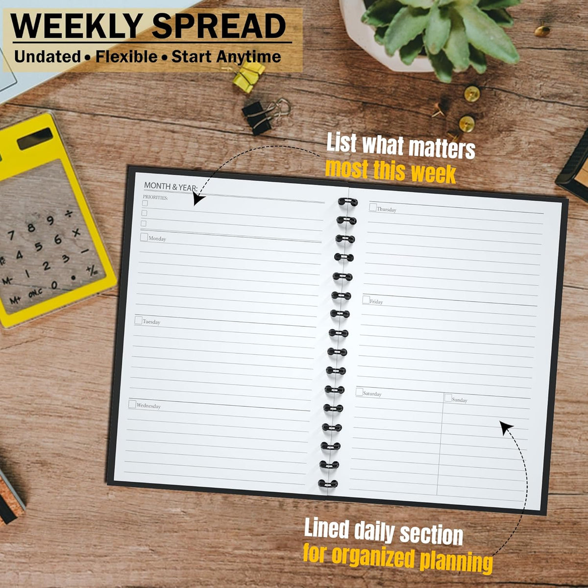Undated Monthly and Weekly Planner - 12 Month Calendar Planner Notebook with Week Days - Hardcover Undated Planners Blank Agenda Book - A5 Black